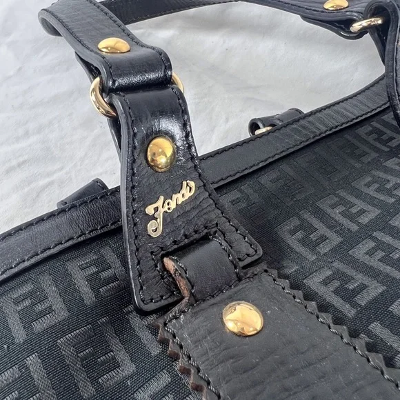 FENDI Zucchino Black Canvas Leather Trim Tote Shoulder Bag Made in Italy